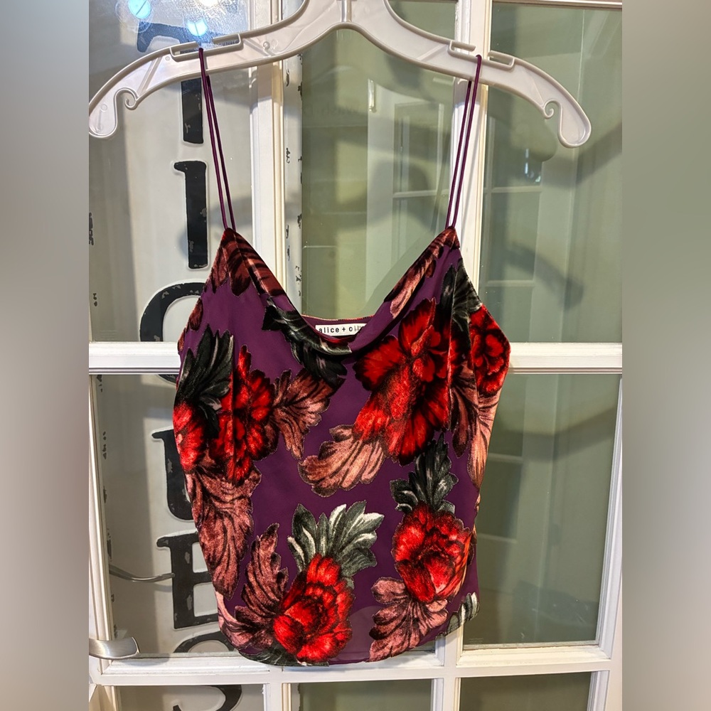 Alice + Olivia Velvet Burnout Floral Silk Blend Cami Tank Top Purple Red XS